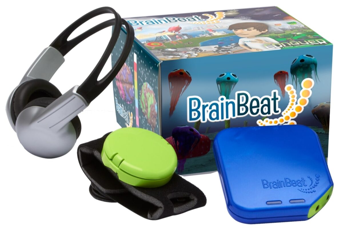 The BrainBeat package includes a beat box, software, hand strap, beat button and headphones.
